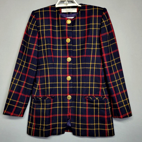 Evan Picone 100% Wool Tweed Evan Blazer Jacket Womens Petite 6 Blue Plaid Button - Picture 1 of 16